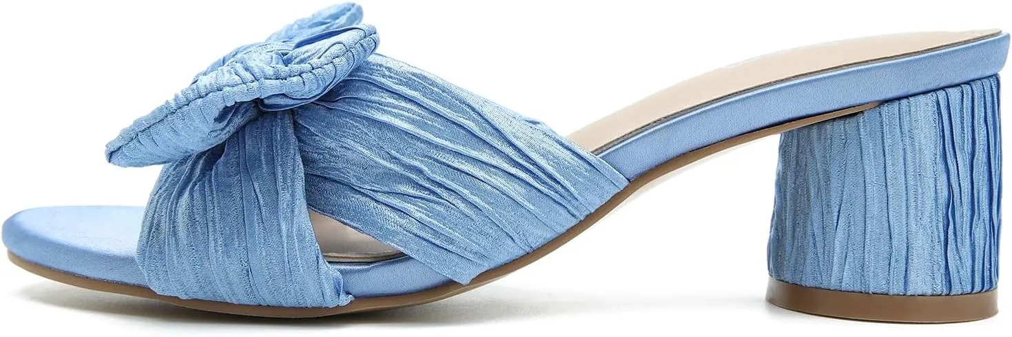 Heiyom Women's Bowknot Low Chunky Heels Mules Sandals Slip on Pleated Bow Heels Wedding Bridal Party Dress Shoes