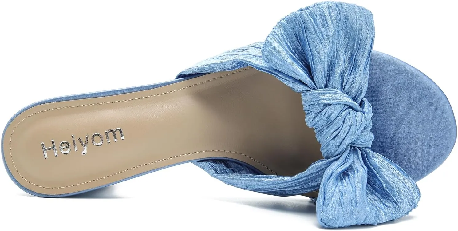 Heiyom Women's Bowknot Low Chunky Heels Mules Sandals Slip on Pleated Bow Heels Wedding Bridal Party Dress Shoes