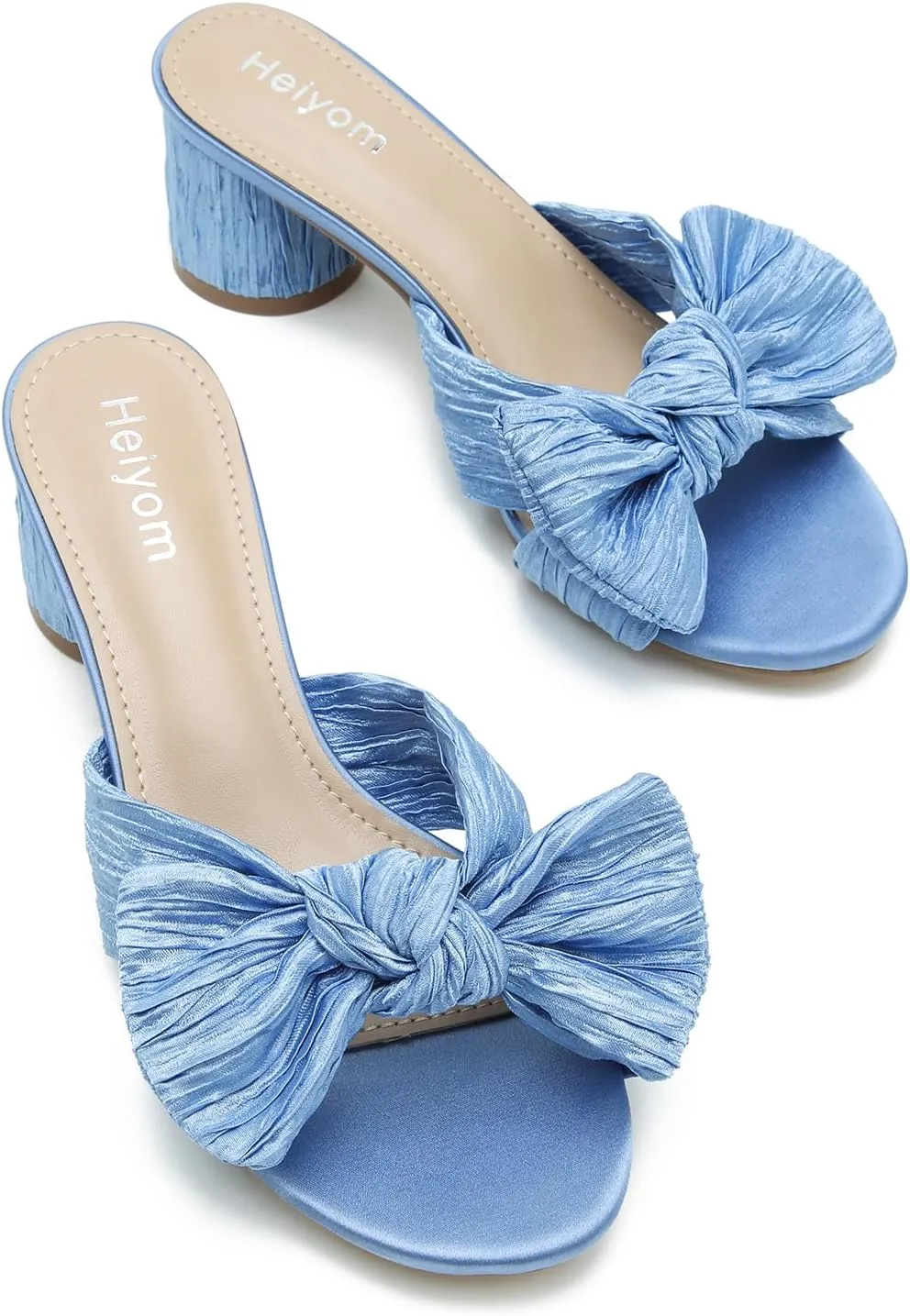 Heiyom Women's Bowknot Low Chunky Heels Mules Sandals Slip on Pleated Bow Heels Wedding Bridal Party Dress Shoes