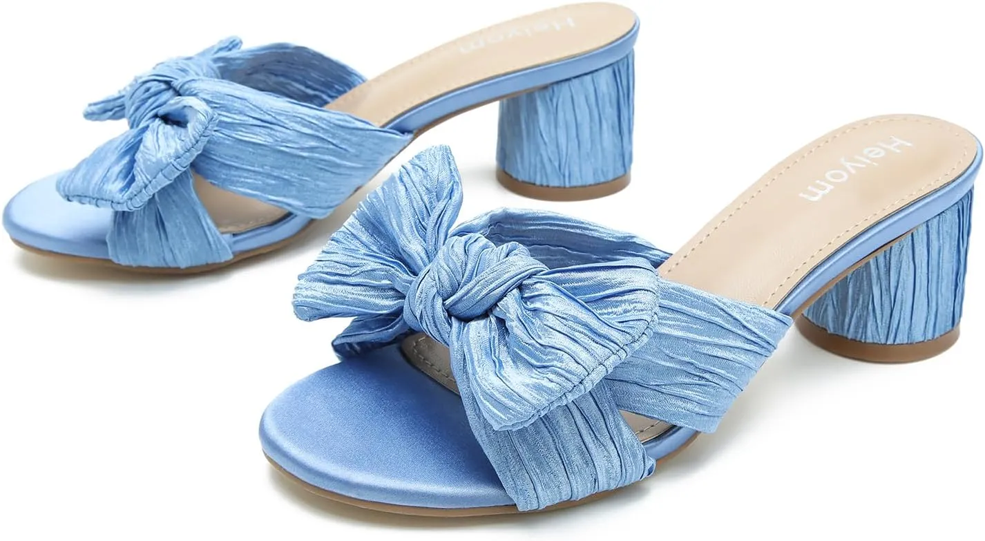 Heiyom Women's Bowknot Low Chunky Heels Mules Sandals Slip on Pleated Bow Heels Wedding Bridal Party Dress Shoes