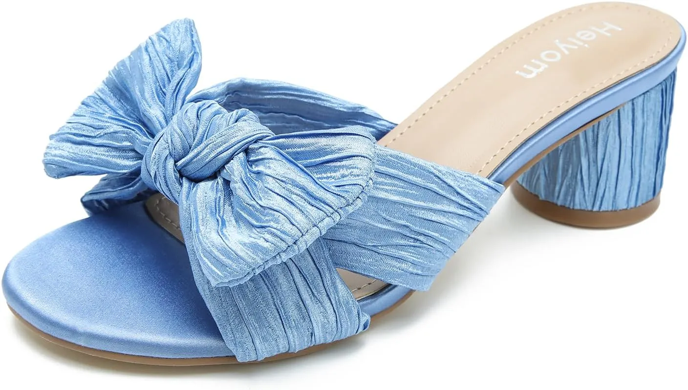 Heiyom Women's Bowknot Low Chunky Heels Mules Sandals Slip on Pleated Bow Heels Wedding Bridal Party Dress Shoes
