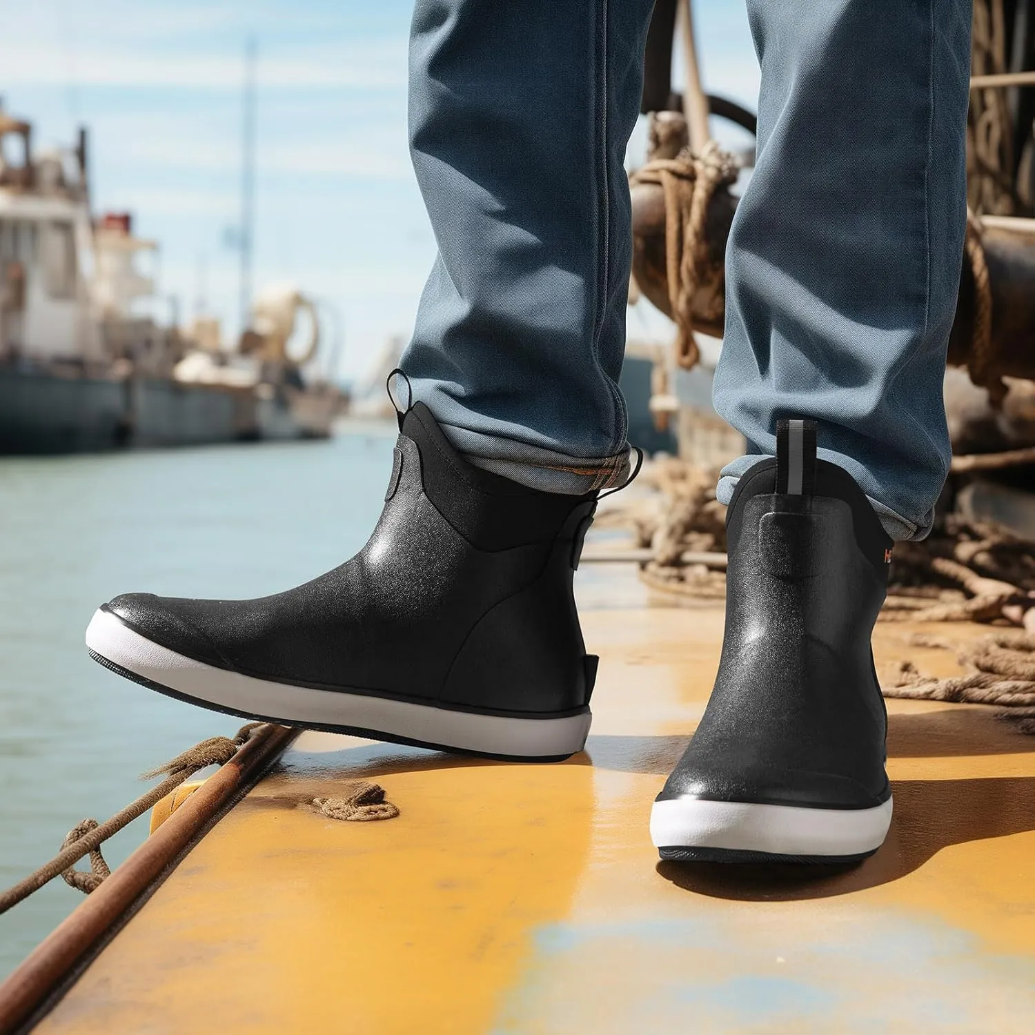 HISEA Men's Deck Boots Waterproof Fishing Rain Boots, Anti-Slip Neoprene Rubber Boots Saltwater Ankle Booties With High Traction for Outdoor Fishing Boating Sailing