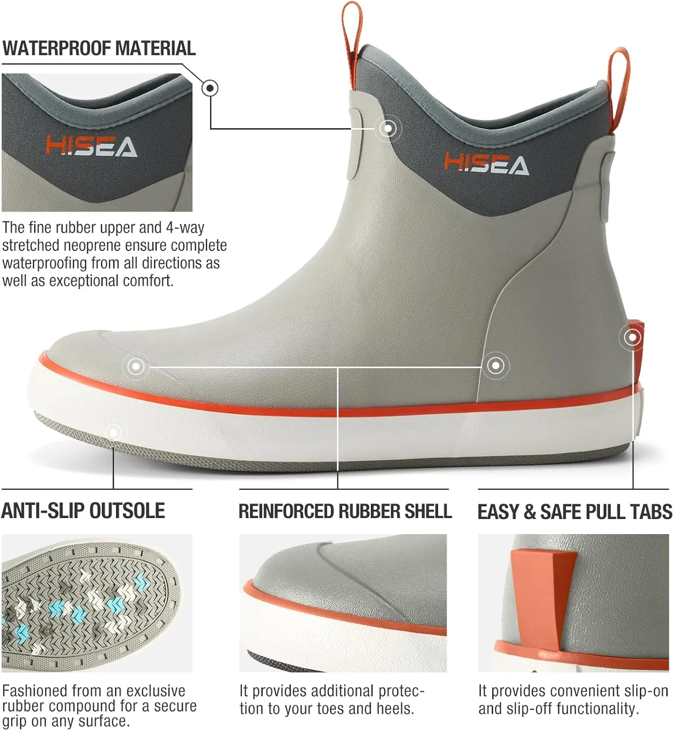 HISEA Men's Deck Boots Waterproof Fishing Rain Boots, Anti-Slip Neoprene Rubber Boots Saltwater Ankle Booties With High Traction for Outdoor Fishing Boating Sailing