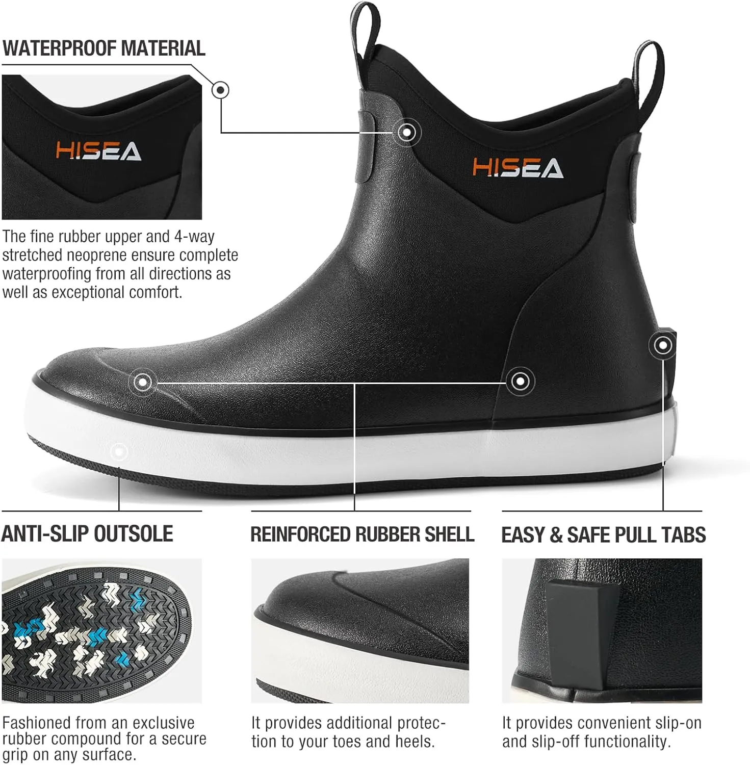 HISEA Men's Deck Boots Waterproof Fishing Rain Boots, Anti-Slip Neoprene Rubber Boots Saltwater Ankle Booties With High Traction for Outdoor Fishing Boating Sailing