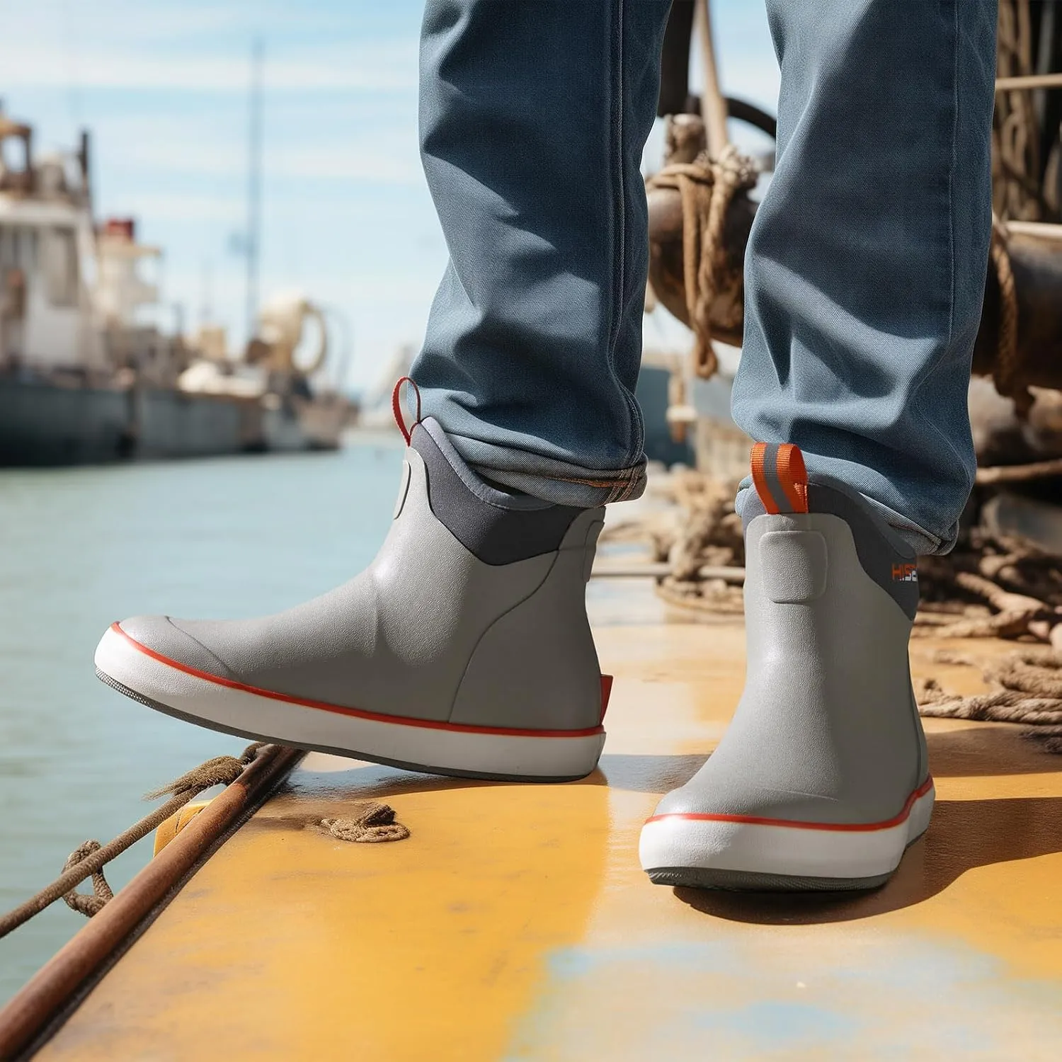 HISEA Men's Deck Boots Waterproof Fishing Rain Boots, Anti-Slip Neoprene Rubber Boots Saltwater Ankle Booties With High Traction for Outdoor Fishing Boating Sailing