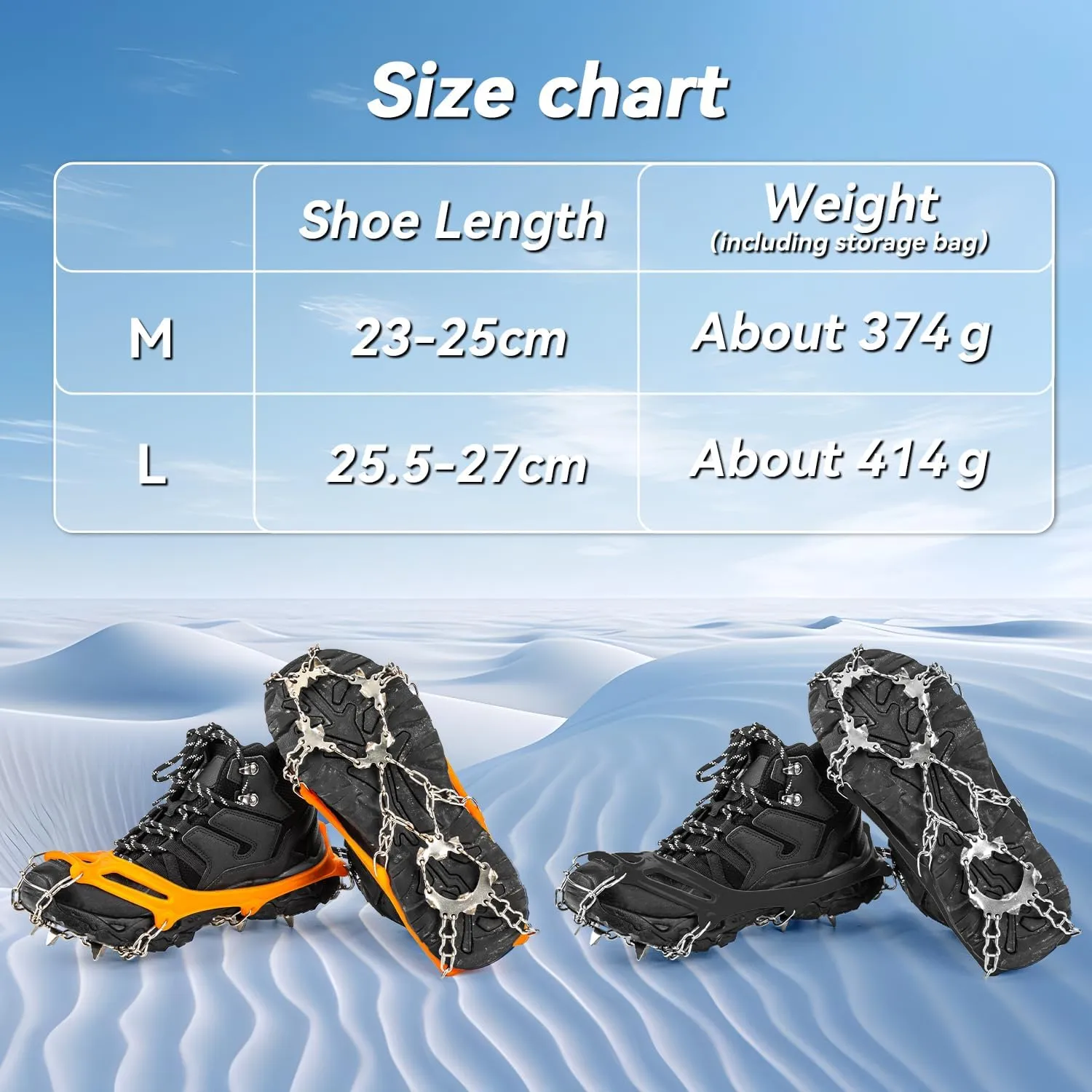 Ice Snow Grips Crampons Traction - 19 Stainless Steel Spikes,Anti Slip Boots Spikes Safe Protect for Hiking Fishing Walking Climbing Mountaineering