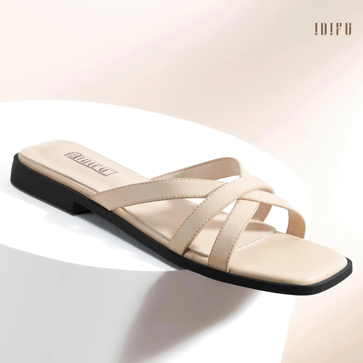 IDIFU Flat Sandals for Women Strappy Square Open Toe Summer Beach Slides Casual Work Office Wedding Ladies Dress Comfortable Dressy Formal Fashion Trendy Fancy Cute Slip On Slide Sandals
