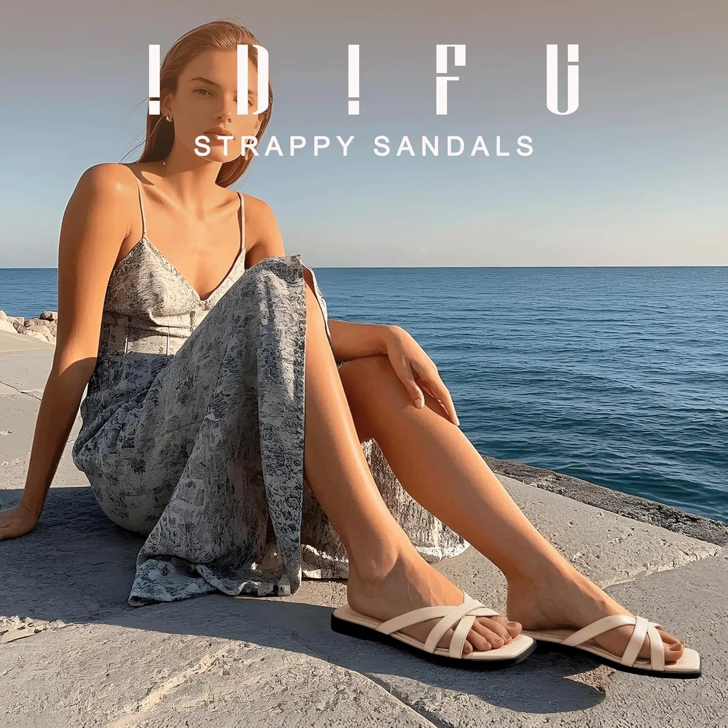 IDIFU Flat Sandals for Women Strappy Square Open Toe Summer Beach Slides Casual Work Office Wedding Ladies Dress Comfortable Dressy Formal Fashion Trendy Fancy Cute Slip On Slide Sandals