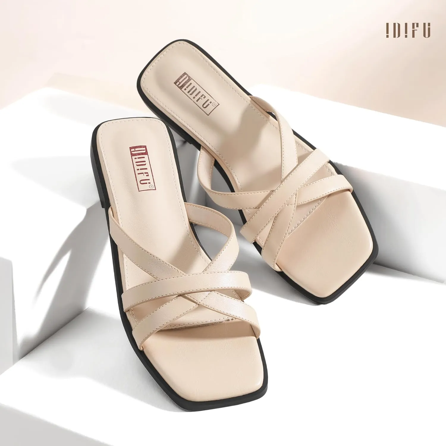 IDIFU Flat Sandals for Women Strappy Square Open Toe Summer Beach Slides Casual Work Office Wedding Ladies Dress Comfortable Dressy Formal Fashion Trendy Fancy Cute Slip On Slide Sandals