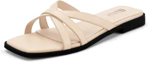 IDIFU Flat Sandals for Women Strappy Square Open Toe Summer Beach Slides Casual Work Office Wedding Ladies Dress Comfortable Dressy Formal Fashion Trendy Fancy Cute Slip On Slide Sandals