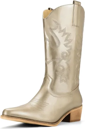 IDIFU Women's Cowboy Boots for Women Cowgirl Boots Western Boots Mid Calf Embroidered Chunky Low Heel Pointed Toe Country Boots Dress Cute Fashion Comfortable Cowboy Cowgirl Boots Booties