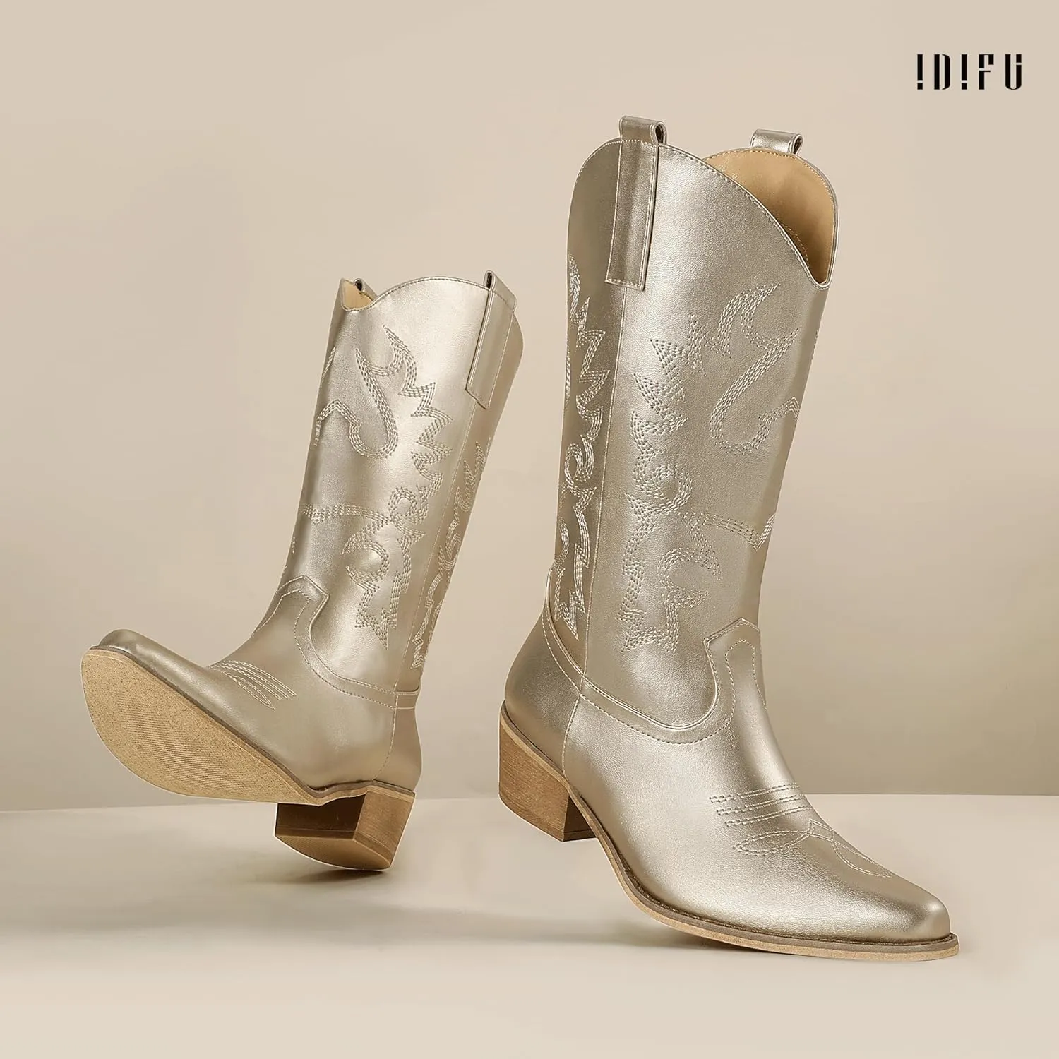 IDIFU Women's Cowboy Boots for Women Cowgirl Boots Western Boots Mid Calf Embroidered Chunky Low Heel Pointed Toe Country Boots Dress Cute Fashion Comfortable Cowboy Cowgirl Boots Booties