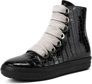 IMPREMEY Women's High Top Sneakers Lace Up Crocodile Leather Shoes Leather Comfort Platform Walking Shoes with Zipper