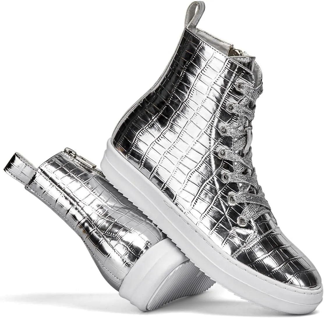 IMPREMEY Women's High Top Sneakers Lace Up Crocodile Leather Shoes with Thick Soles and Zipper, Fashionable Walking Shoes
