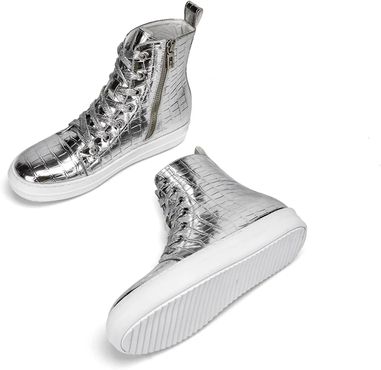 IMPREMEY Women's High Top Sneakers Lace Up Crocodile Leather Shoes with Thick Soles and Zipper, Fashionable Walking Shoes
