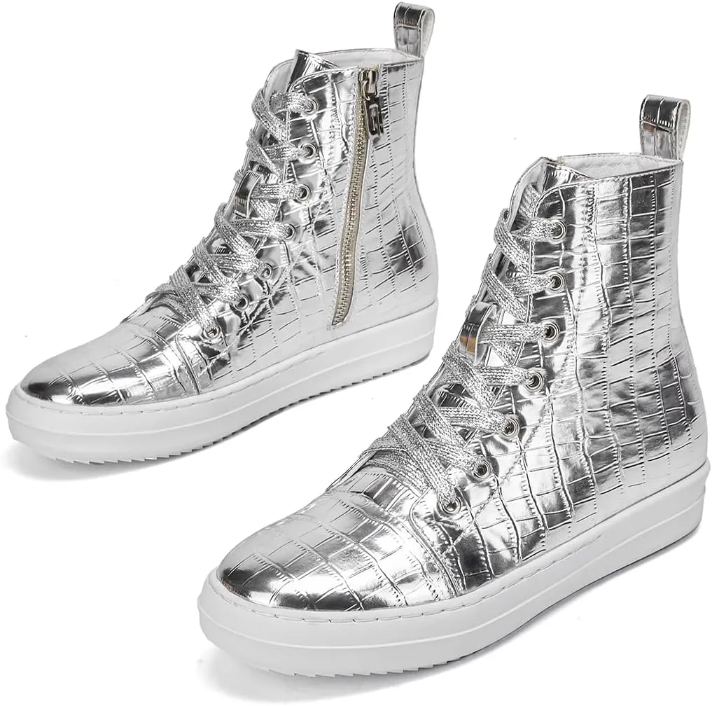 IMPREMEY Women's High Top Sneakers Lace Up Crocodile Leather Shoes with Thick Soles and Zipper, Fashionable Walking Shoes