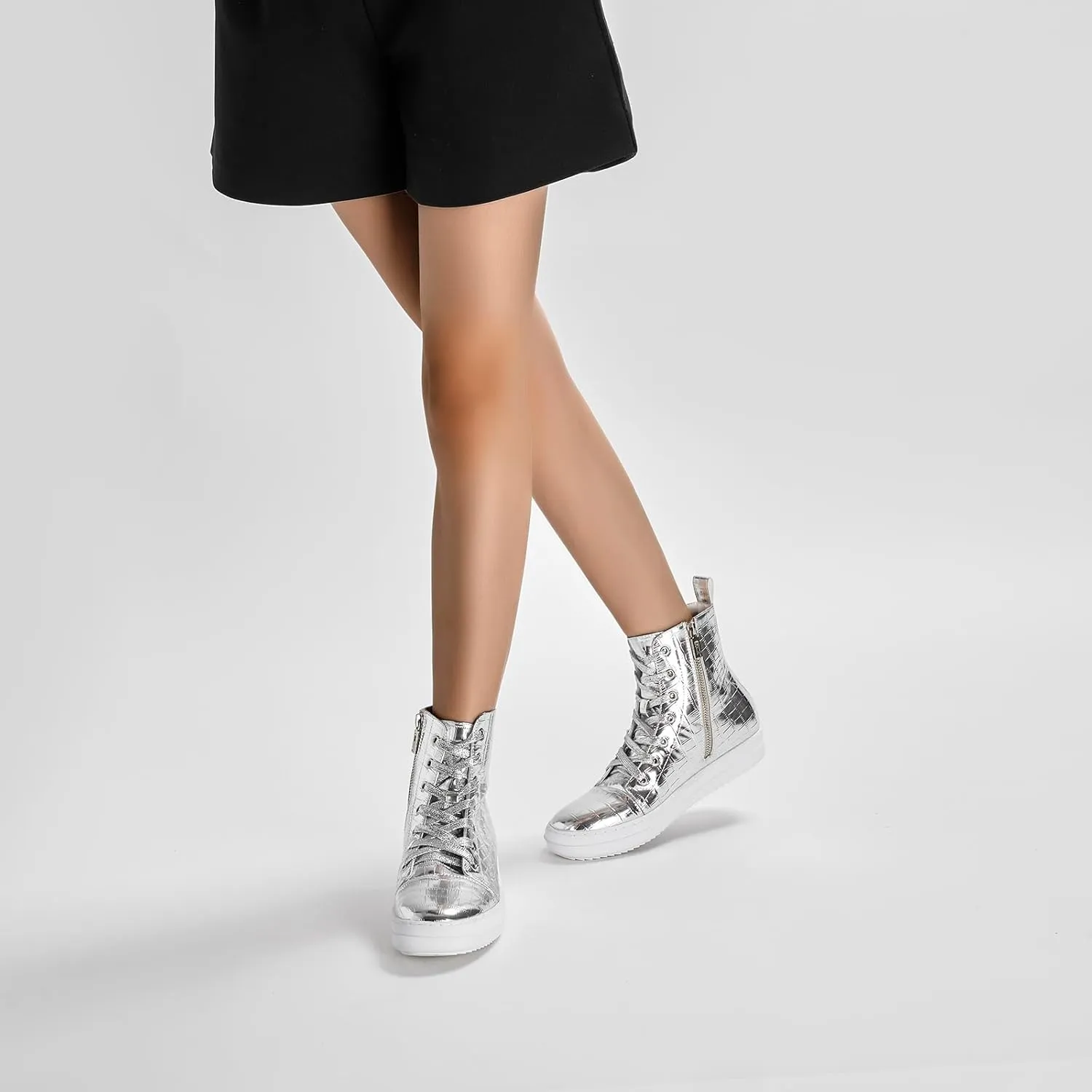 IMPREMEY Women's High Top Sneakers Lace Up Crocodile Leather Shoes with Thick Soles and Zipper, Fashionable Walking Shoes