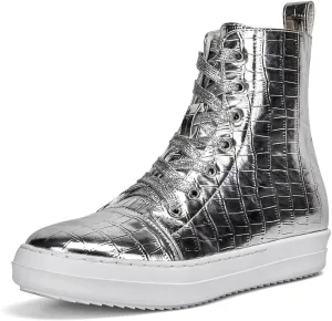 IMPREMEY Women's High Top Sneakers Lace Up Crocodile Leather Shoes with Thick Soles and Zipper, Fashionable Walking Shoes