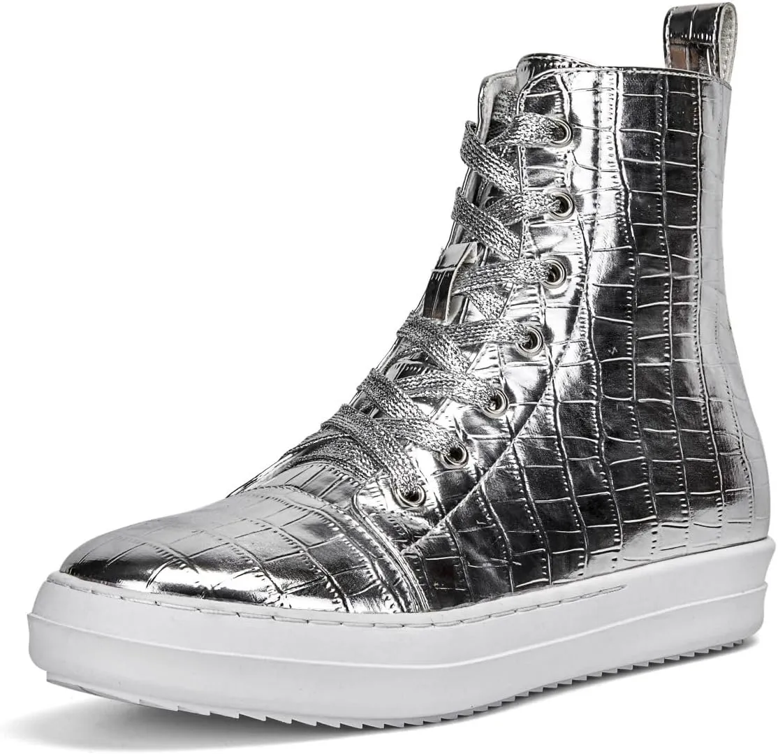 IMPREMEY Women's High Top Sneakers Lace Up Crocodile Leather Shoes with Thick Soles and Zipper, Fashionable Walking Shoes
