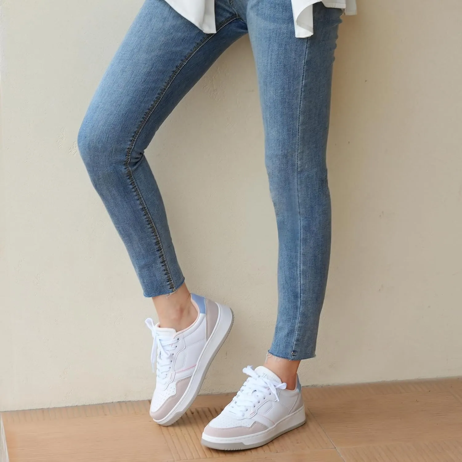 JABASIC Women Genuine Leather Platform Sneakers Lace-Up Breathable Comfortable Walking Shoes
