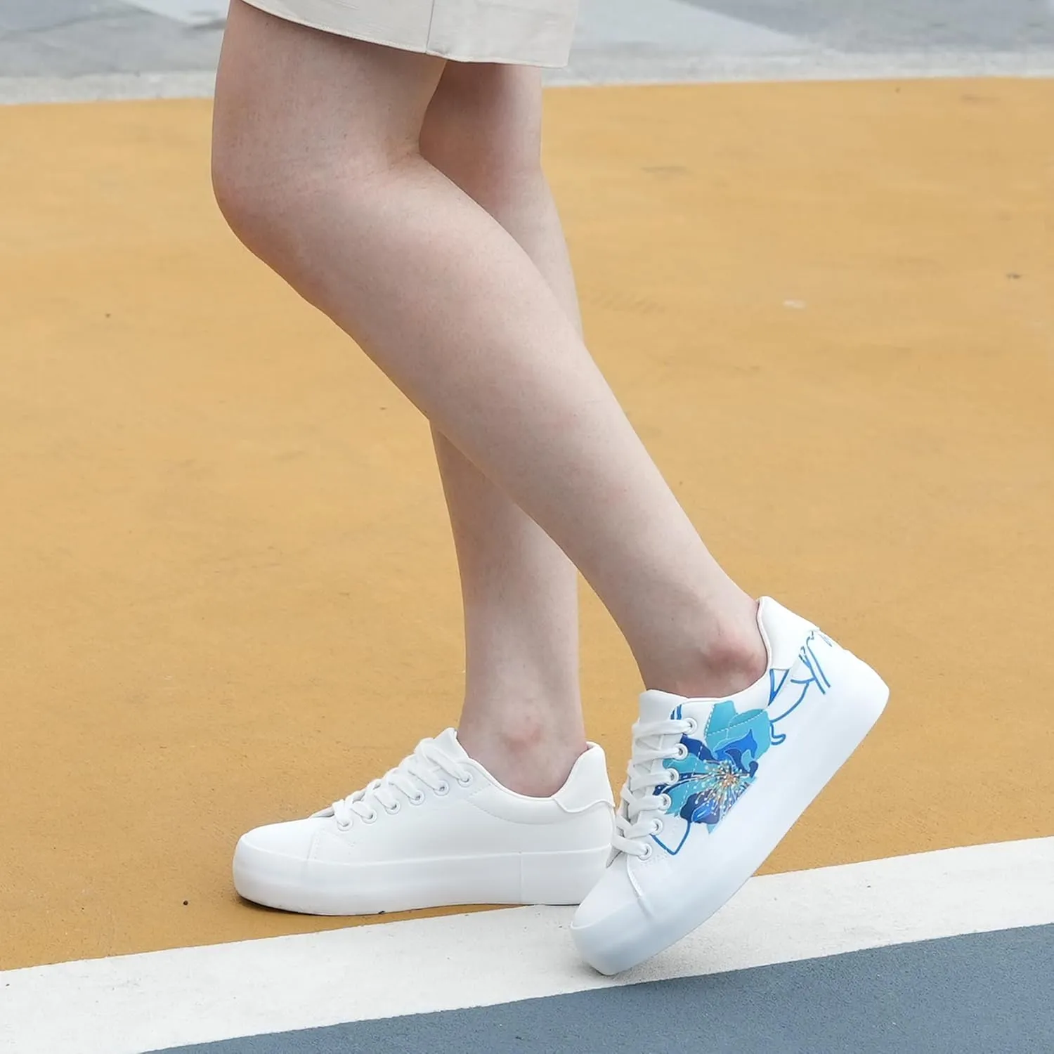 JABASIC Women Platform Sneakers Lace-up Floral Print Fashion Walking Shoes