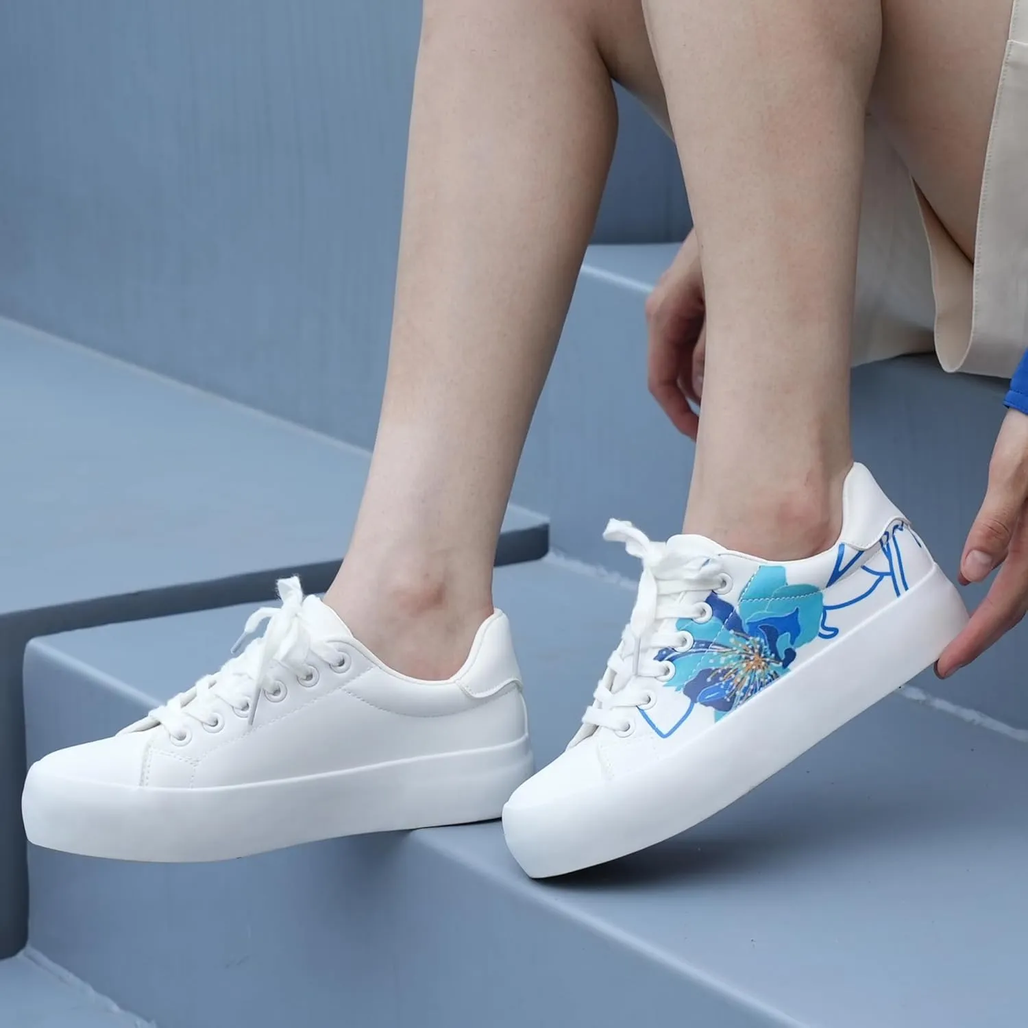 JABASIC Women Platform Sneakers Lace-up Floral Print Fashion Walking Shoes