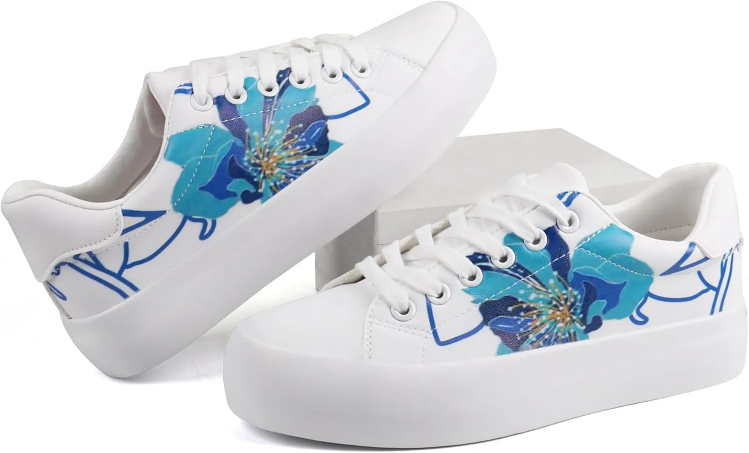 JABASIC Women Platform Sneakers Lace-up Floral Print Fashion Walking Shoes