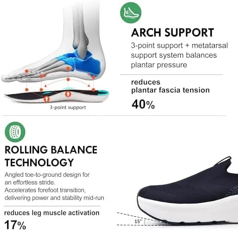 JACKSHIBO Mens Slip in Free up Hands Shoes Wide Toe Box Arch Support Orthopedic Walking Sneakers Cushioned Thick Zero Drop Sole Metatarsal Pads