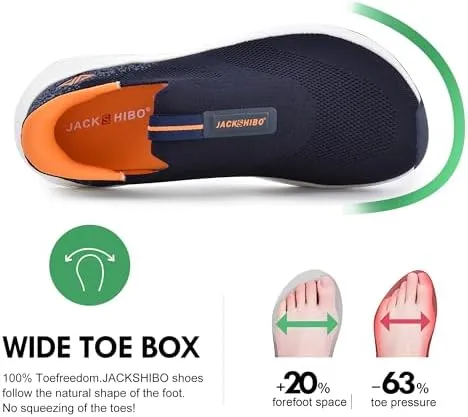 JACKSHIBO Mens Slip in Free up Hands Shoes Wide Toe Box Arch Support Orthopedic Walking Sneakers Cushioned Thick Zero Drop Sole Metatarsal Pads