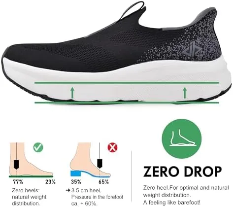 JACKSHIBO Mens Slip in Free up Hands Shoes Wide Toe Box Arch Support Orthopedic Walking Sneakers Cushioned Thick Zero Drop Sole Metatarsal Pads