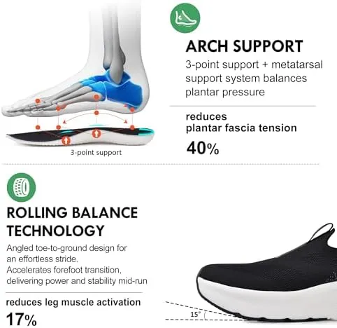 JACKSHIBO Mens Slip in Free up Hands Shoes Wide Toe Box Arch Support Orthopedic Walking Sneakers Cushioned Thick Zero Drop Sole Metatarsal Pads