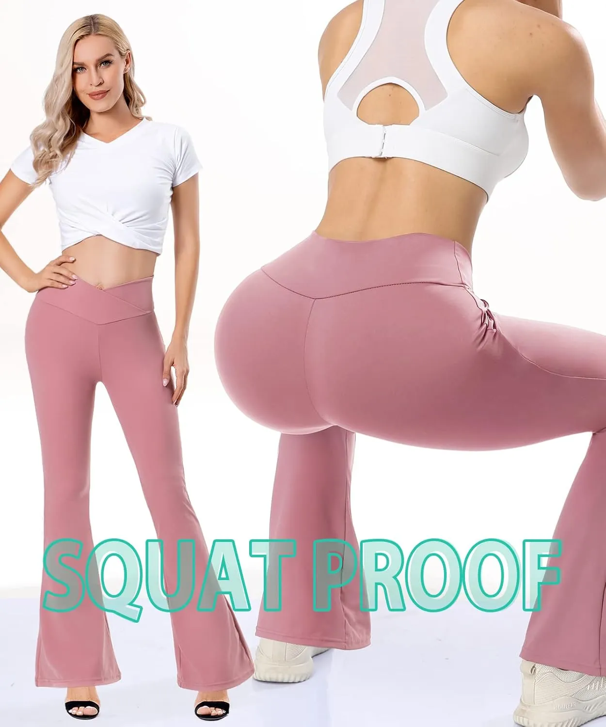 Jenbou High Waisted Flare Leggings Tummy Control Crossover Bootcut Yoga Pants with Pockets for Women