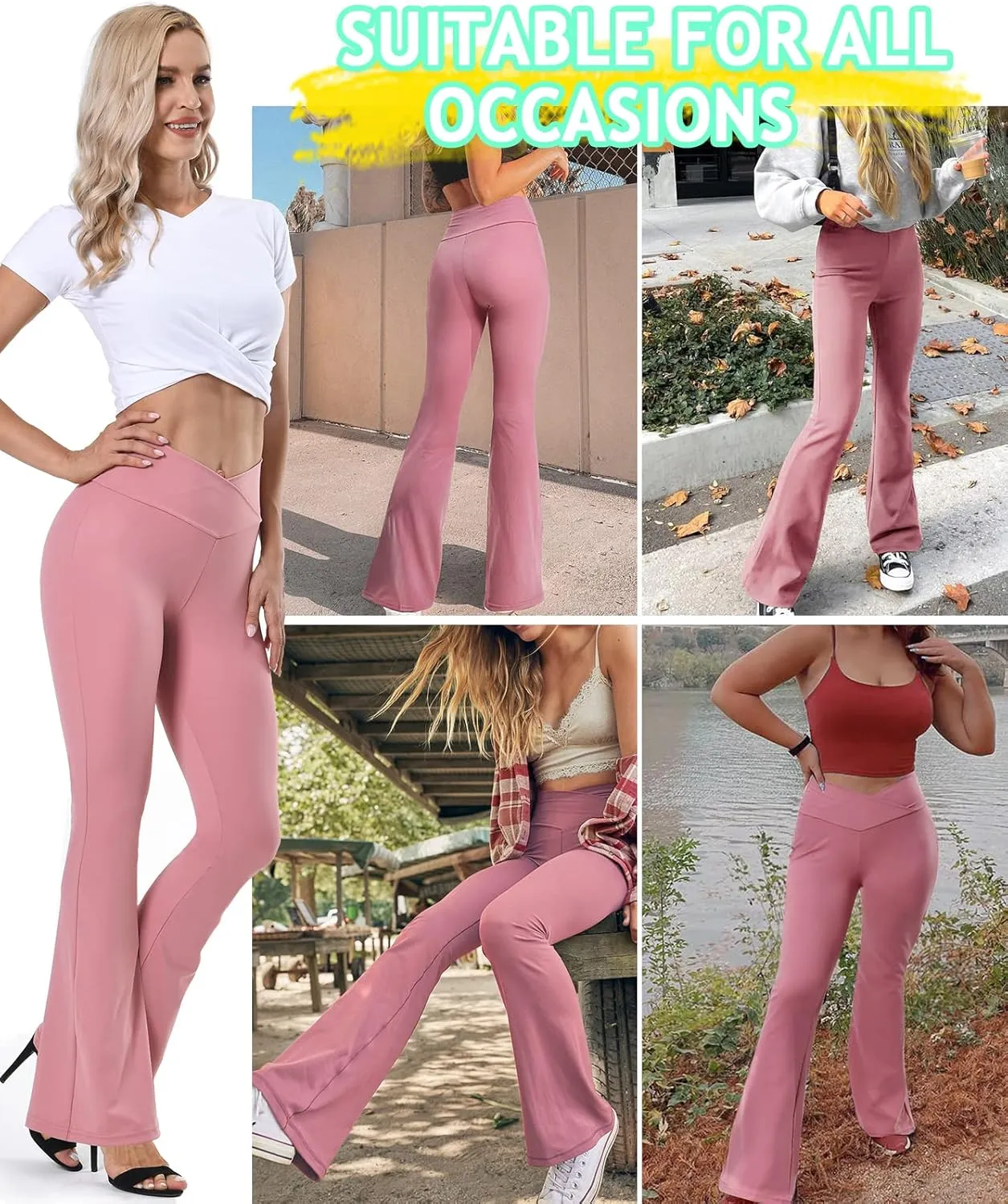 Jenbou High Waisted Flare Leggings Tummy Control Crossover Bootcut Yoga Pants with Pockets for Women