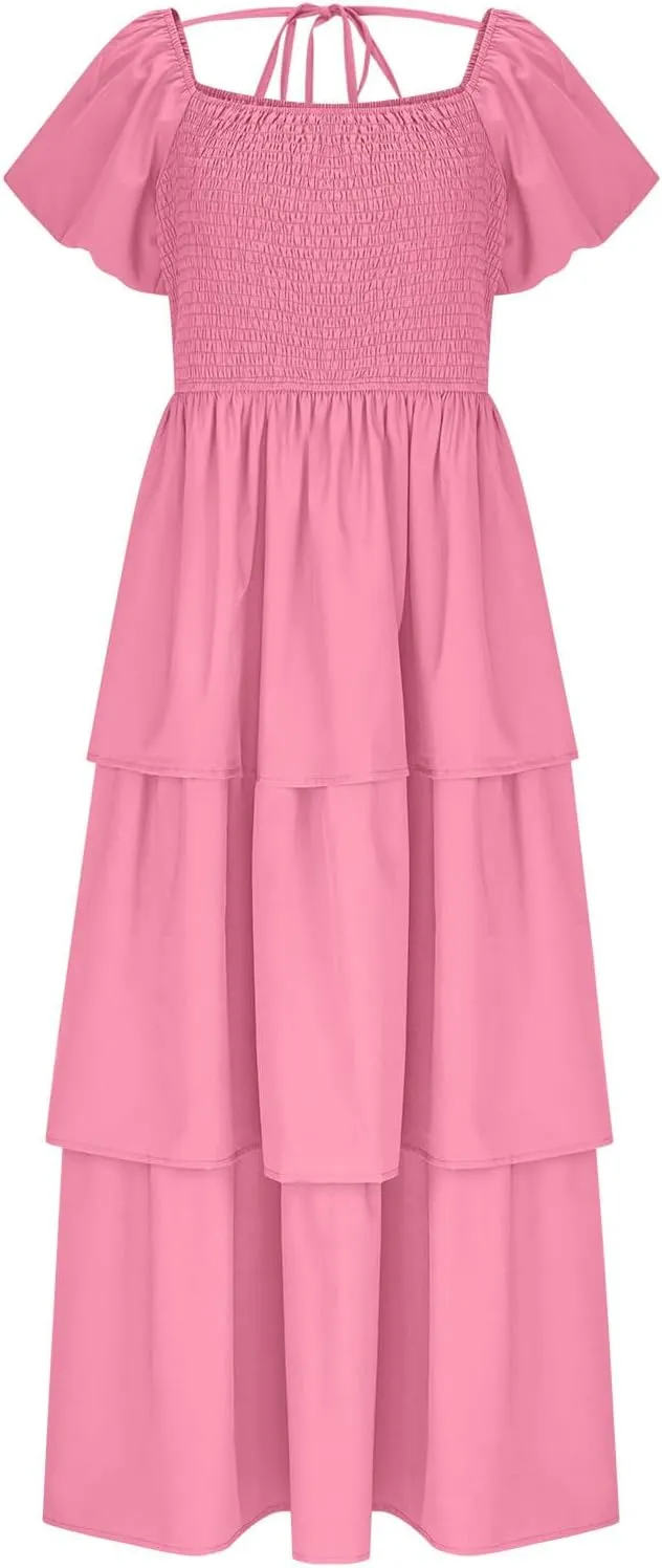 JOAU Women's 2025 Summer Boho Maxi Dress Short Puff Sleeve Flowy A Line Tiered Layered Ruffle Beach Vacation Long Dresses