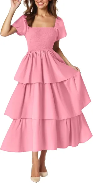 JOAU Women's 2025 Summer Boho Maxi Dress Short Puff Sleeve Flowy A Line Tiered Layered Ruffle Beach Vacation Long Dresses