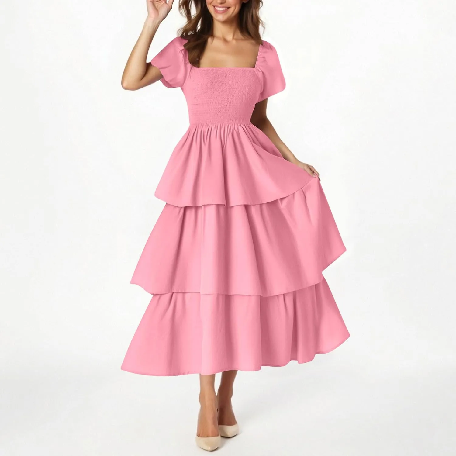 JOAU Women's 2025 Summer Boho Maxi Dress Short Puff Sleeve Flowy A Line Tiered Layered Ruffle Beach Vacation Long Dresses