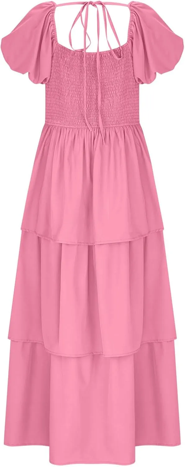 JOAU Women's 2025 Summer Boho Maxi Dress Short Puff Sleeve Flowy A Line Tiered Layered Ruffle Beach Vacation Long Dresses