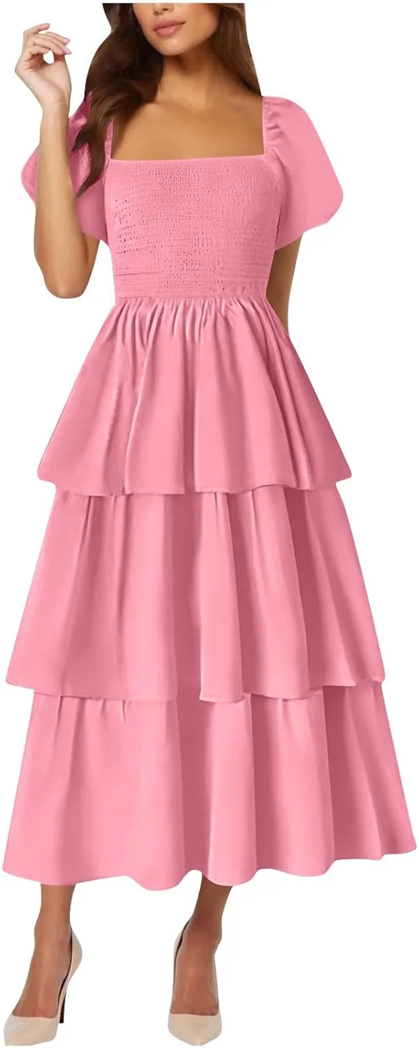 JOAU Women's 2025 Summer Boho Maxi Dress Short Puff Sleeve Flowy A Line Tiered Layered Ruffle Beach Vacation Long Dresses