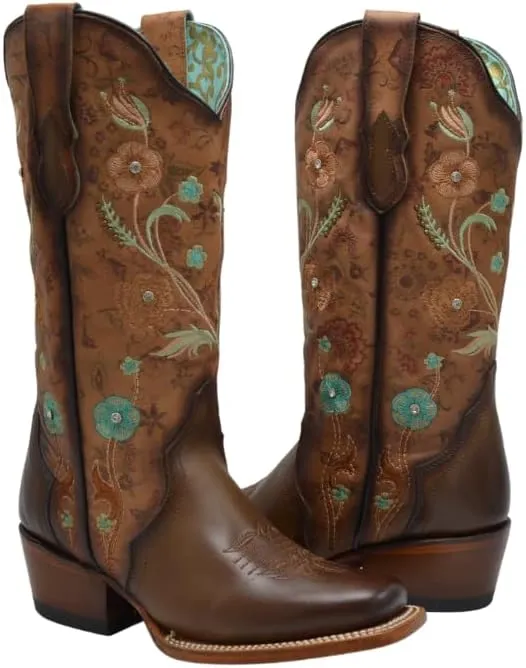 Joe Boots PAC01 Brown Woman Boots Square Toe with Turquoise Flowers