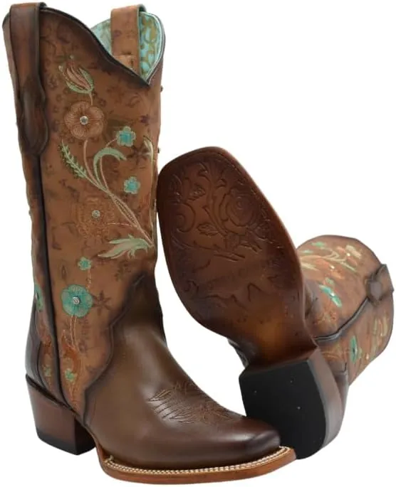 Joe Boots PAC01 Brown Woman Boots Square Toe with Turquoise Flowers