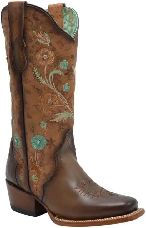 Joe Boots PAC01 Brown Woman Boots Square Toe with Turquoise Flowers
