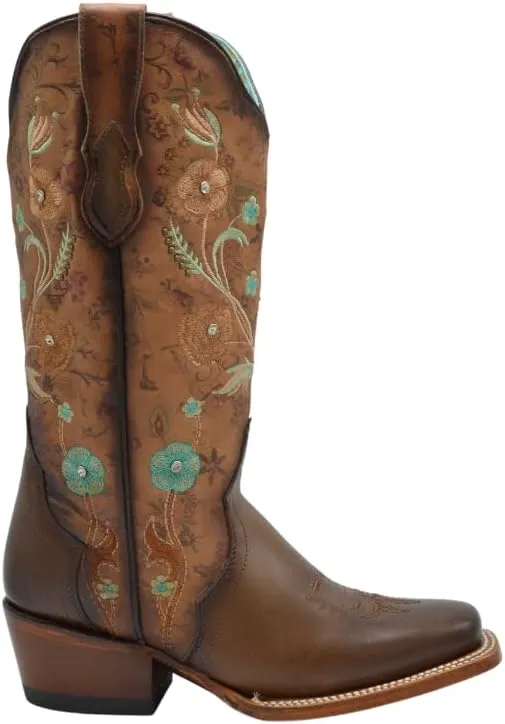 Joe Boots PAC01 Brown Woman Boots Square Toe with Turquoise Flowers