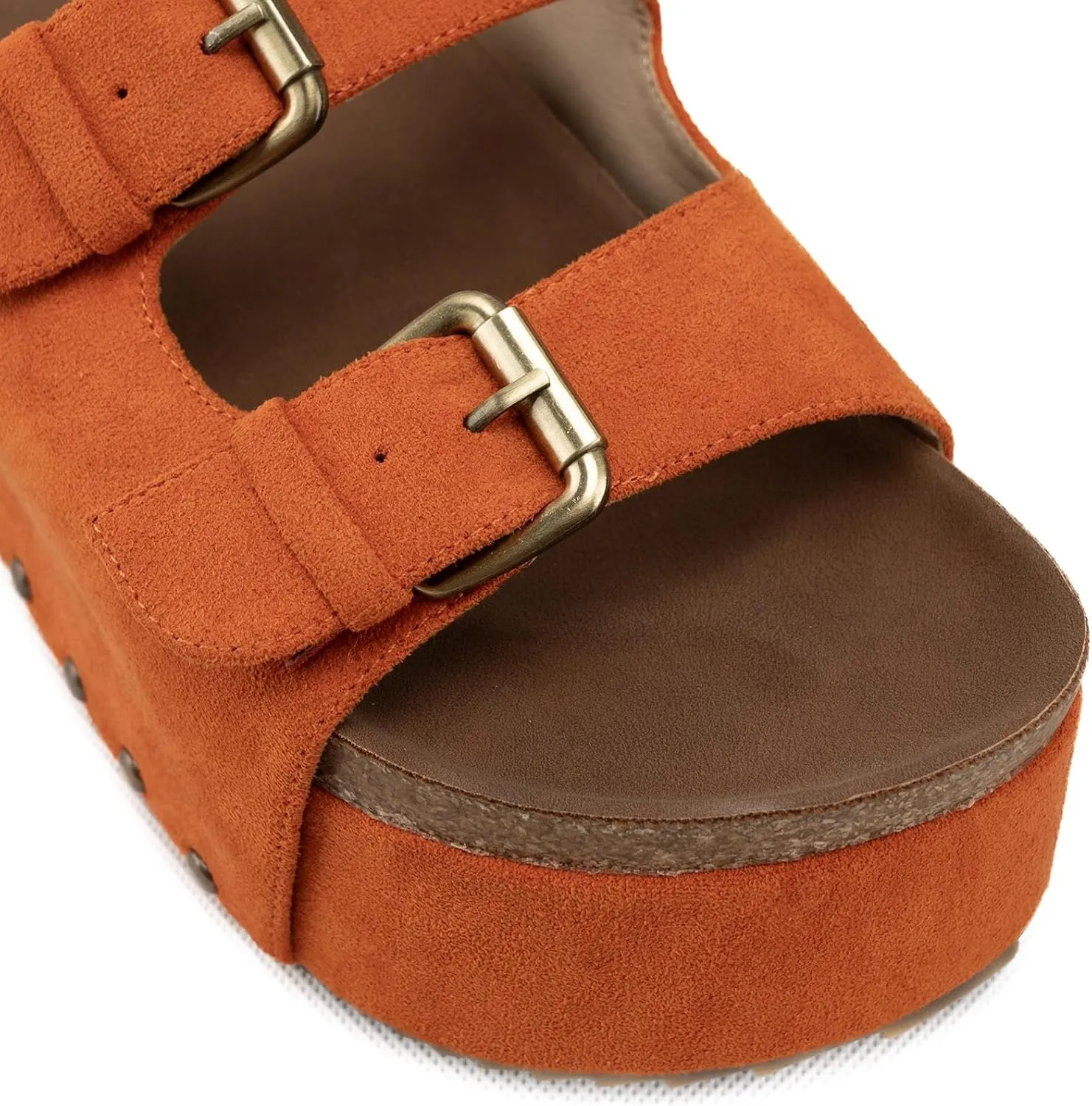JORISTIMO Women's Cork Flatform Sandals Dual Buckled Band Suede Clogs Platform Slip On Sandals
