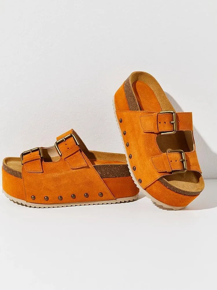 JORISTIMO Women's Cork Flatform Sandals Dual Buckled Band Suede Clogs Platform Slip On Sandals