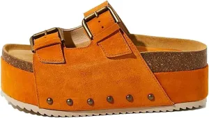JORISTIMO Women's Cork Flatform Sandals Dual Buckled Band Suede Clogs Platform Slip On Sandals