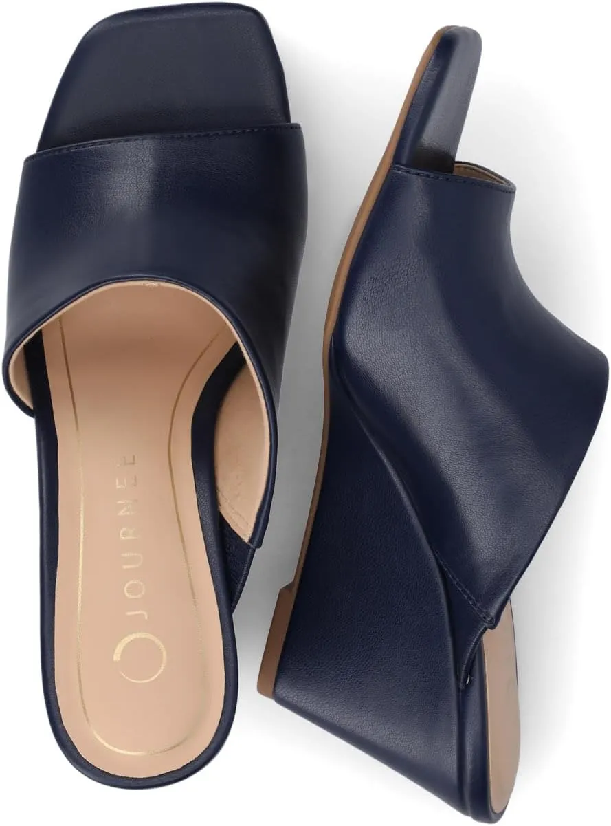 Journee Womens cushioned footbeds Clementine wedge heel sandal D'orsay open toe slip-on faux leather