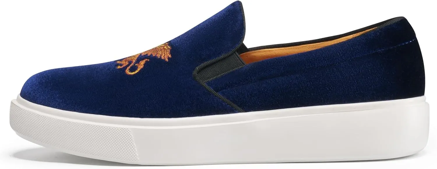 Journey West Men's Fashion Velvet Sneakers with Embroidery Comfortable Slip-On Walking Shoes for Men