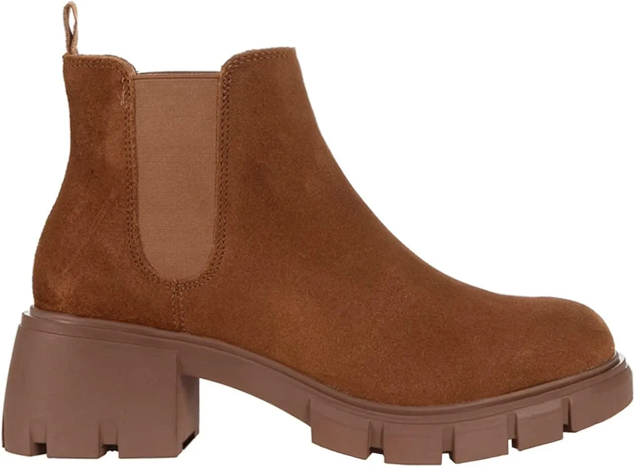 Juliet Holy Womens Lug Sole Platform Ankle Booties Chelsea Slip on Chunky Block Heel Leather Combat Boots