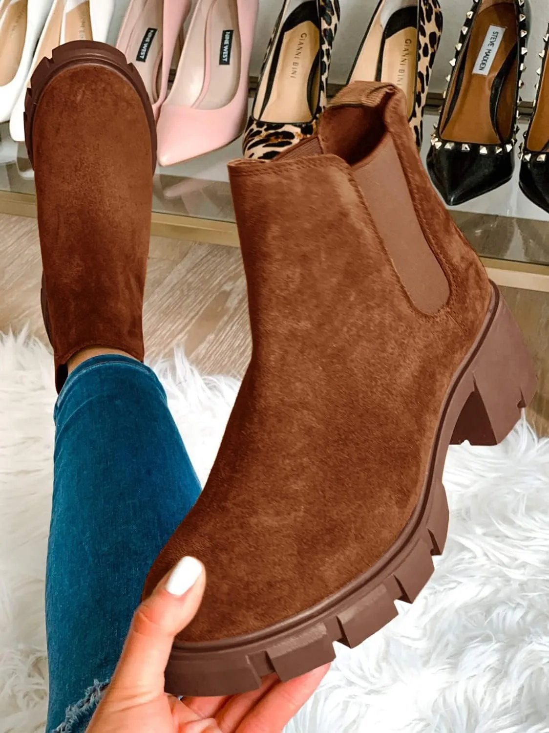 Juliet Holy Womens Lug Sole Platform Ankle Booties Chelsea Slip on Chunky Block Heel Leather Combat Boots