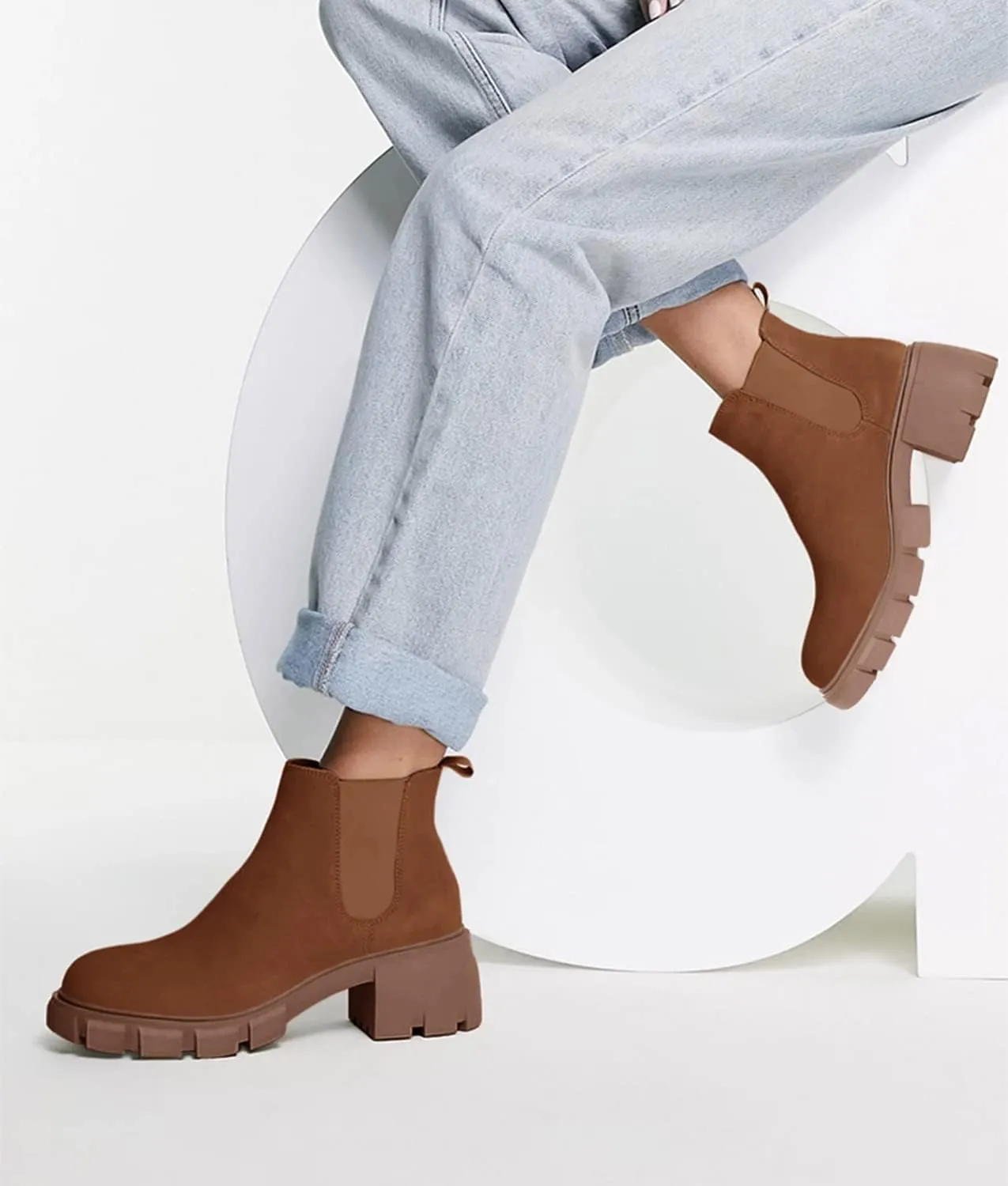 Juliet Holy Womens Lug Sole Platform Ankle Booties Chelsea Slip on Chunky Block Heel Leather Combat Boots